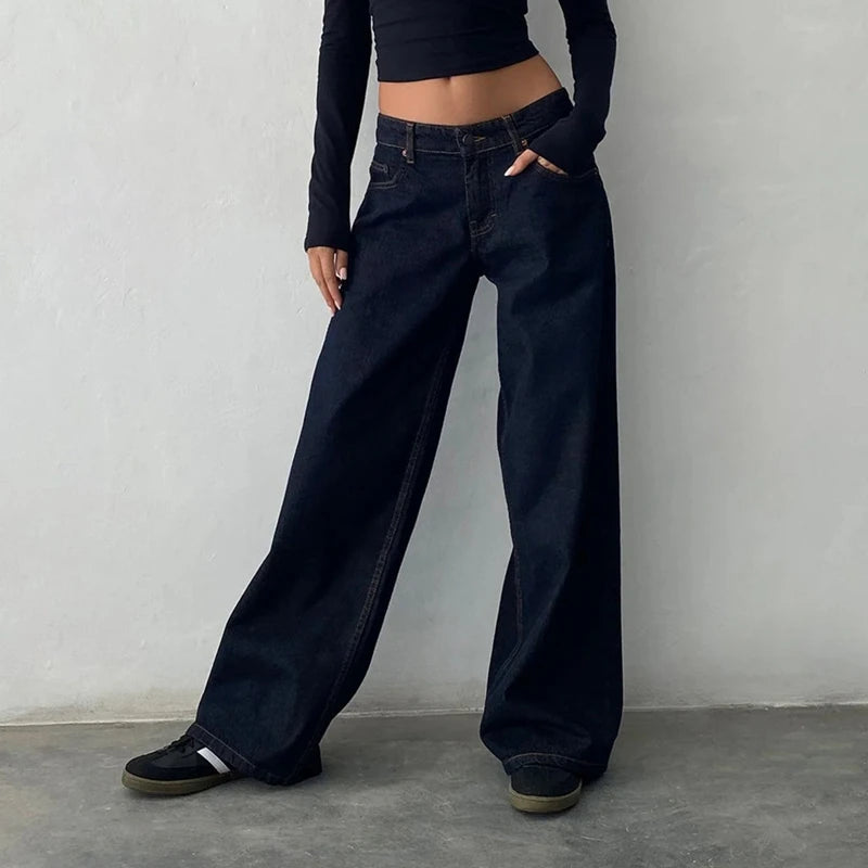 LIZAKOSHT  -  Women Y2K Aesthetic Low Rise Baggy Jeans Loose Fit Boyfriend Straight Wide Leg Denim Pants Trendy Stretch Trousers