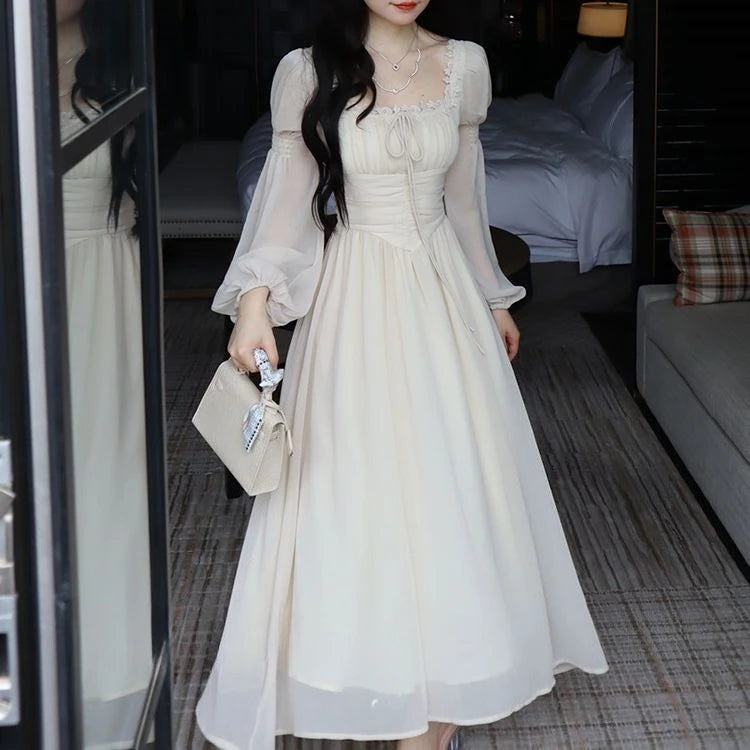 LIZAKOSHT  -  Elegant Square Collar Chiffo Dresses 2025 New Long Sleeve Dress for Women Y2k Early Autumn Slim Waist Vestidos De Mujer