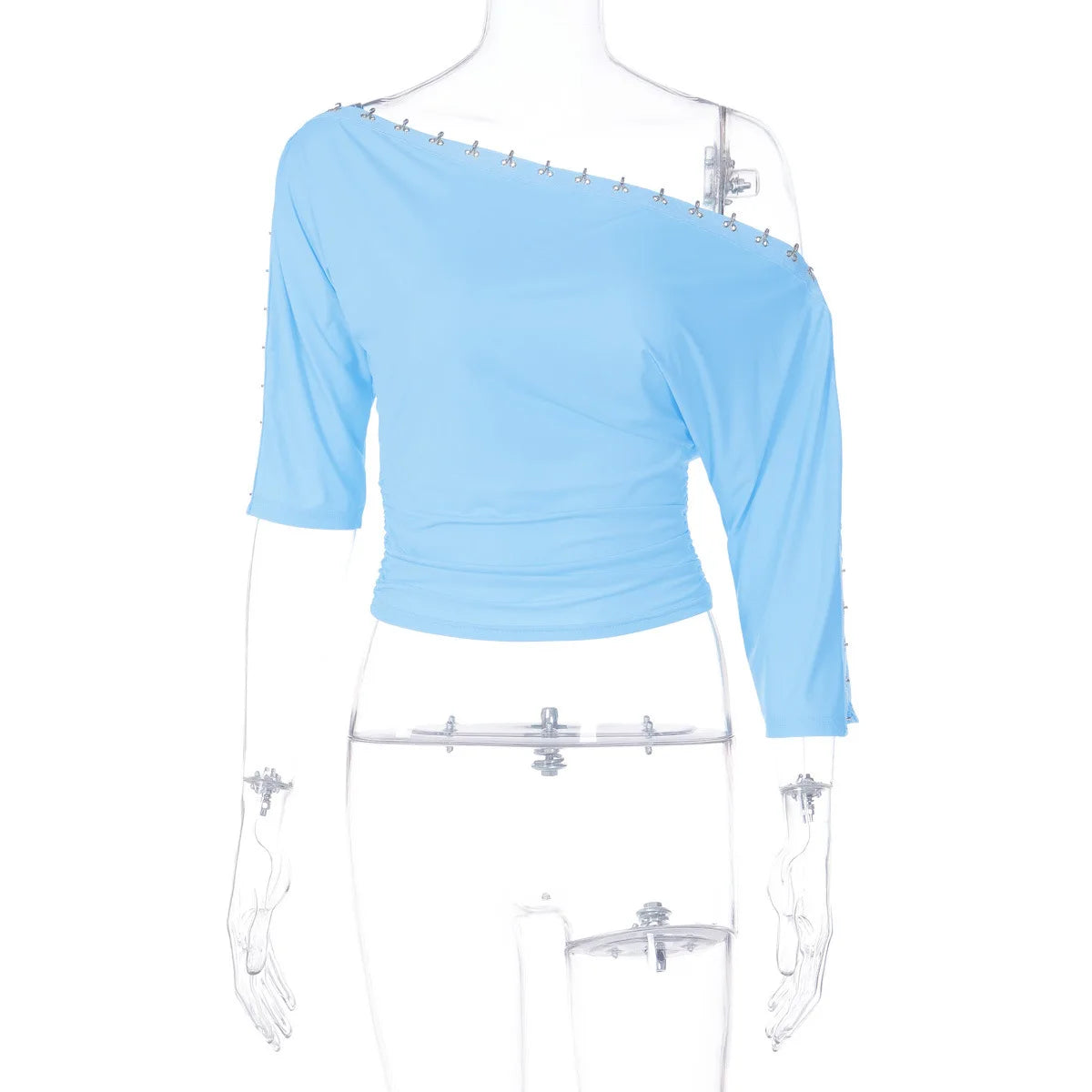 LIZAKOSHT  -  Women's Chic Diagonal Collar T-shirts Sexy Off Shoulder Half Sleeve Asymmetrical Crop Tops Ladies Blue T Shirt Streetwear