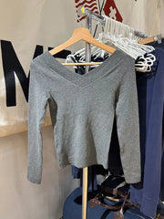 LIZAKOSHT  -  Grey Double V-neck Sweater Woman Spring Long Sleeve Cotton Slim Knitwear Female Casual Vintage Simple Solid All-match Jumpers