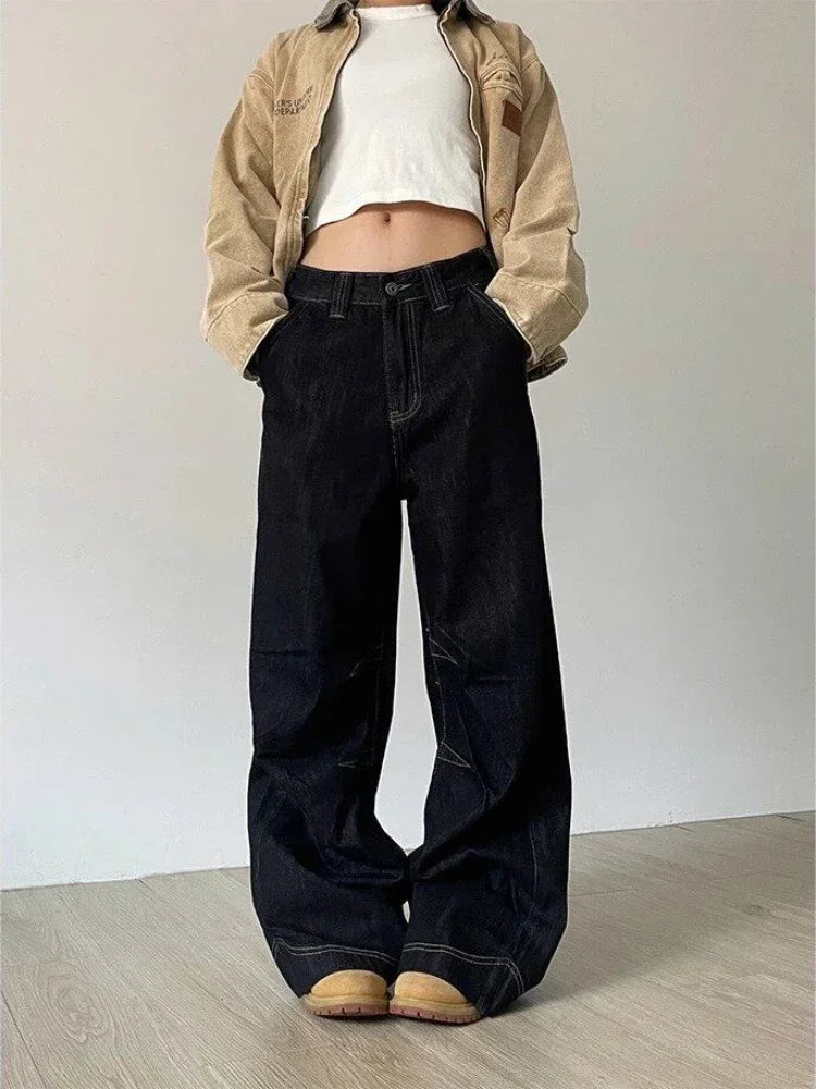 LIZAKOSHT  -  American Vintage Loose Jeans Women High Street Lazy Harajuku Y2K Wide Leg Pants Fashion Black Casual Chic Denim Trousers