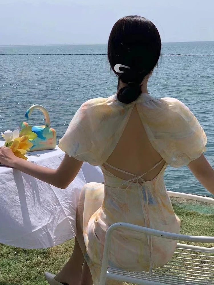 LIZAKOSHT  -  New Korea Sexy Sweet Backless Dresses For Women Vestidos De Mujer Puff Sleeves Summer Robe Femme Fashion Temperament Dress