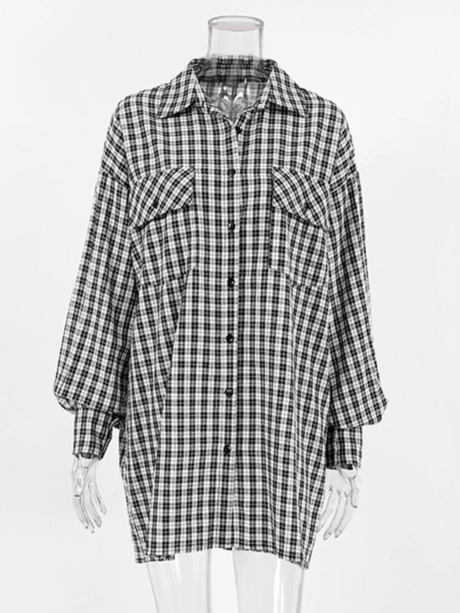 Lizakosht Classic Plaid Pocket Shirts Tops Spring Autumn Button Up Long Sleeve Turndown Collar Loose Long Blouse Vintage Casual Outerwear