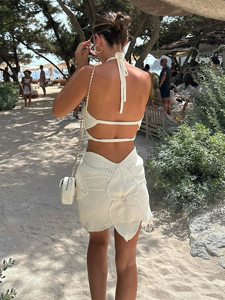LIZAKOSHT  -  Women's Short Strap Beach Dress Sexy Hollow Knitted Backless Dresses Summer Irregular Pattern Strap Women's Clothing