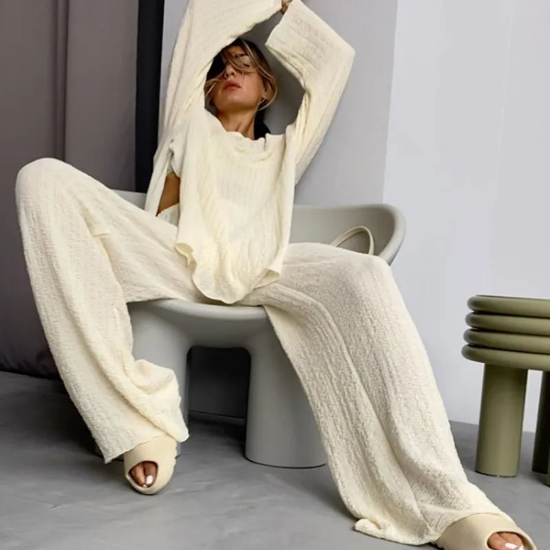 Lizakosht Women Pleated Outifits Casual Long Sleeve Matching Wide Trousers Suit Oversized 2 Piece Sets Vintage High Wasit Pant Set