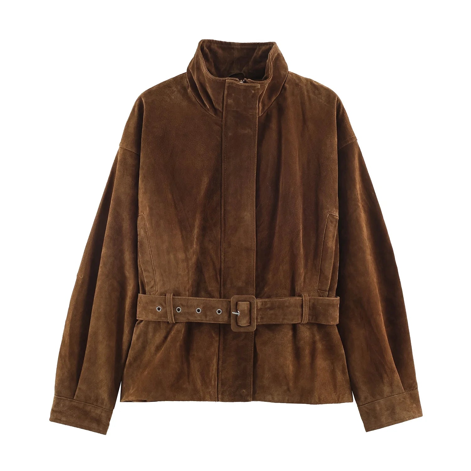LIZAKOSHT  -  Brown Faux Suede Women Short Coat Stand Collar Zip Front Long Sleeve Waist Belt Buckle Loose Fit Vintage Retro Street Outerwear