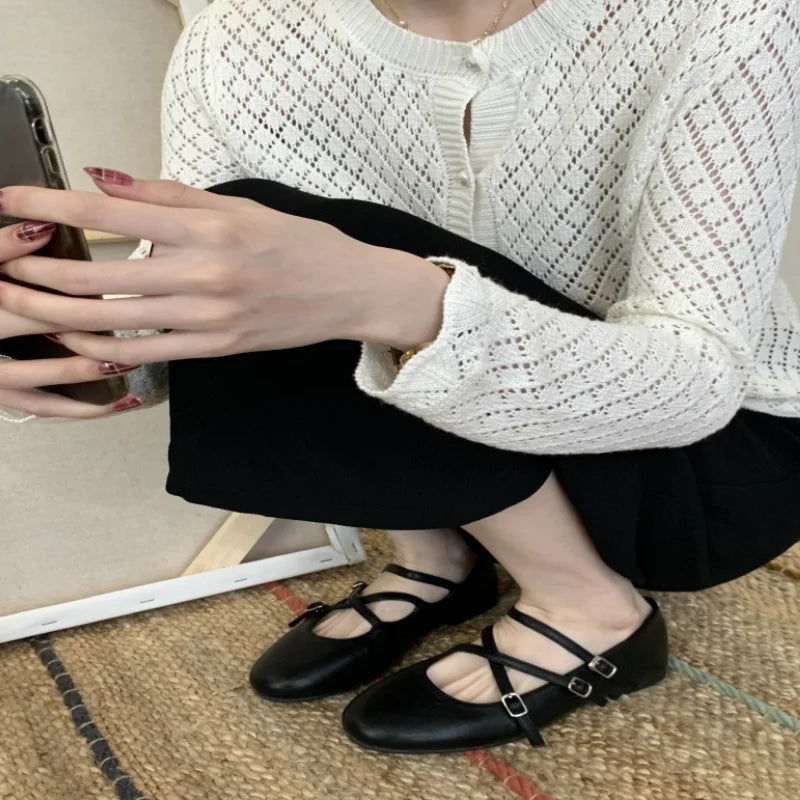 LIZAKOSHT  -  Spring New Women Mary Jane Flat Shoes Fashion Round Toe Slip On Footwear Ladies Elegant Cross Belt Ballet Shoes