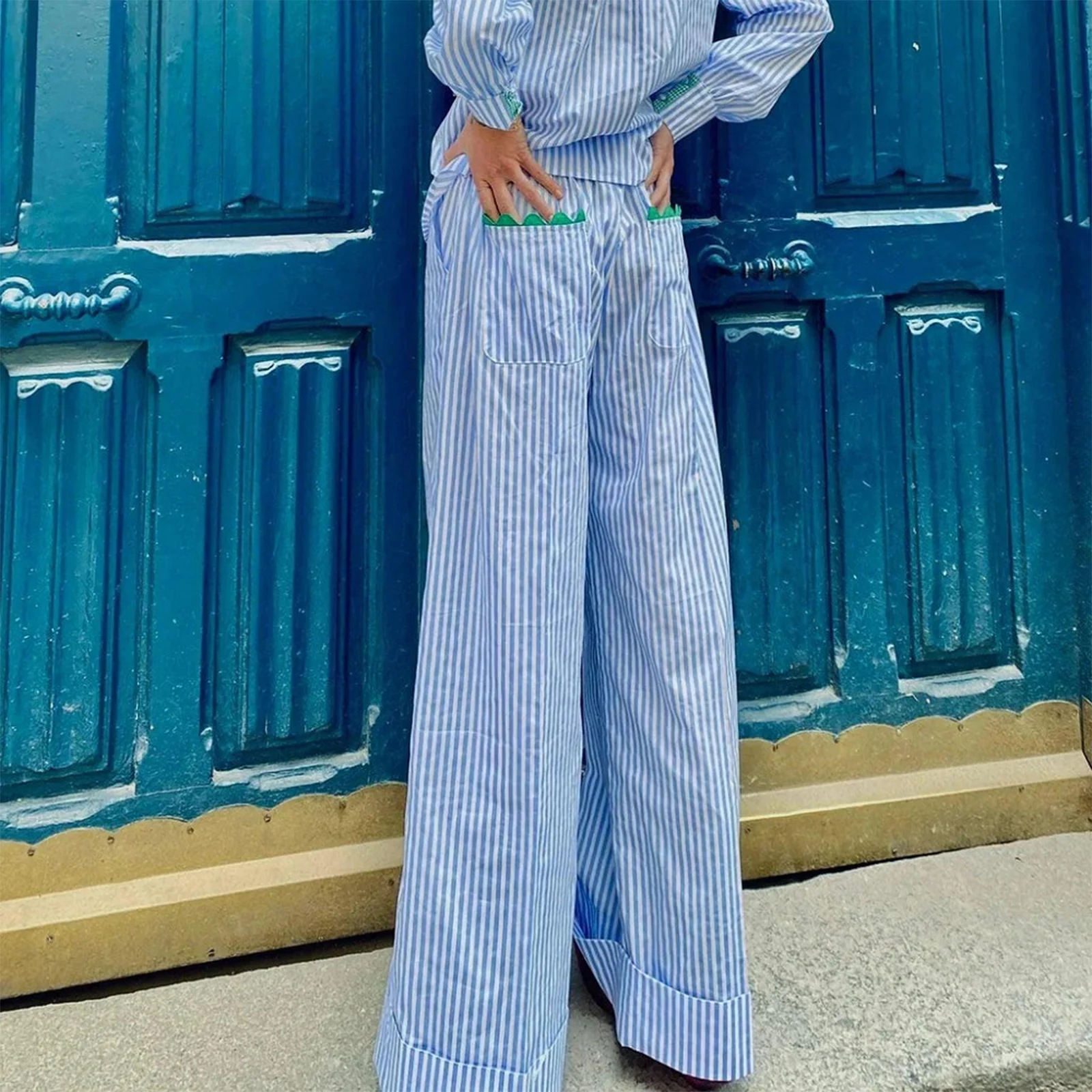 LIZAKOSHT  -  Women's Striped Print Loose Wide Leg Trousers Summer Fall Casual High Waist Loose Fit Long Pants with Pockets