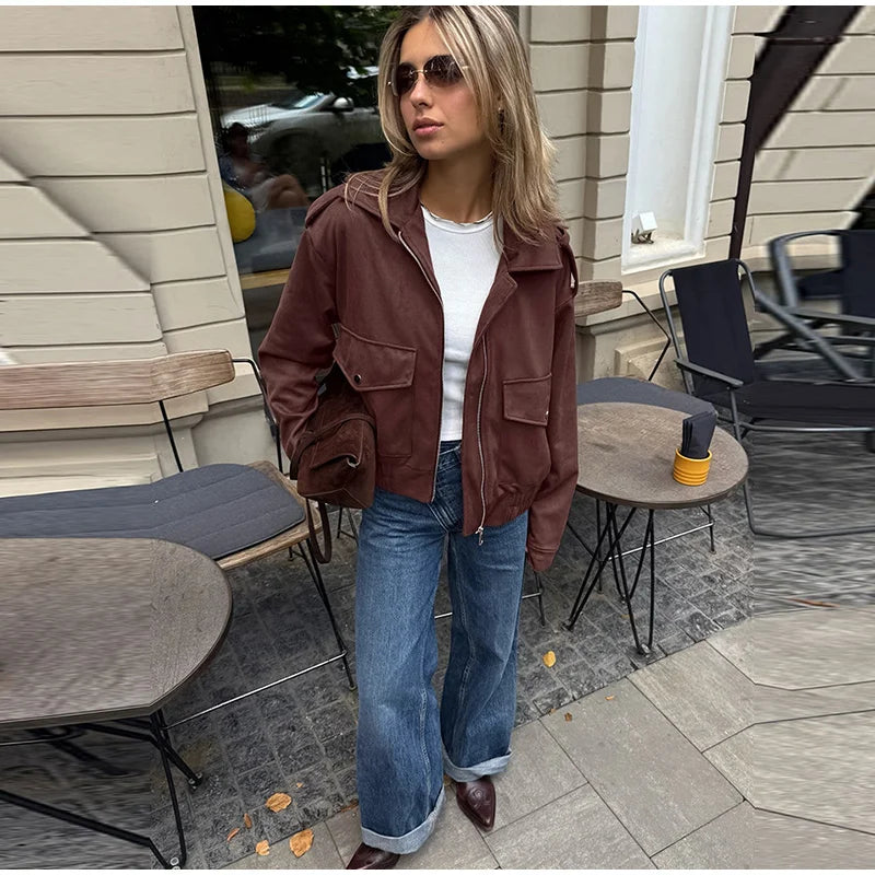 LIZAKOSHT  -  Casual Flip Collar Zipper Pocket Jacket Woman Solid Color Long Sleeves Loose Street Coats Chic Women's Warm Early Autumn Jackets