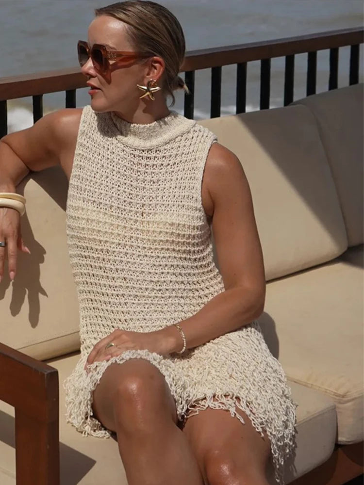 LIZAKOSHT  -  Knitted Tassel Hollow Out Dress Round Neck Sexy Slim Fit Fringed Fringe Dresses Sleeveless Tight Summer New Women Vest Clothing
