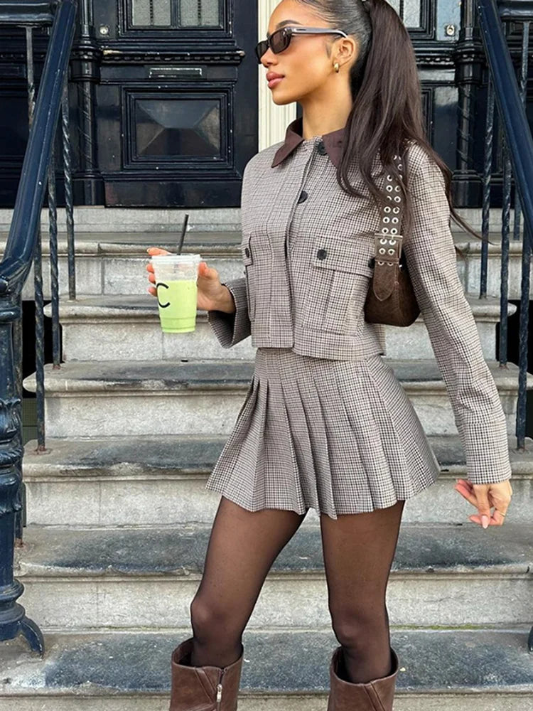 LIZAKOSHT  -  Plaid Short Jacket Pleated Skirt Set Women Chic Street Patchwork Collar Jackets Straight Pant 3 Piece Sets Lady Spring Outfit