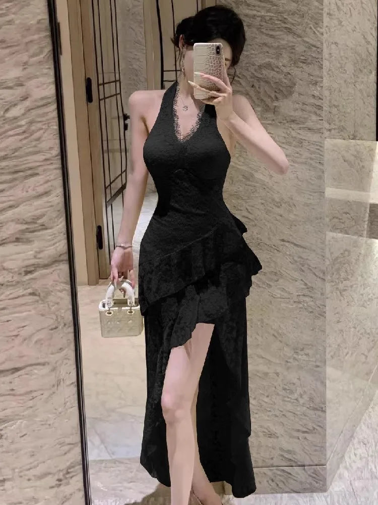 LIZAKOSHT  -  Dresses Women Elegant Sleeveless Lace Patchwork Irregular Slim Halter Backless Sexy Party Dress Sweet Clubwear Female