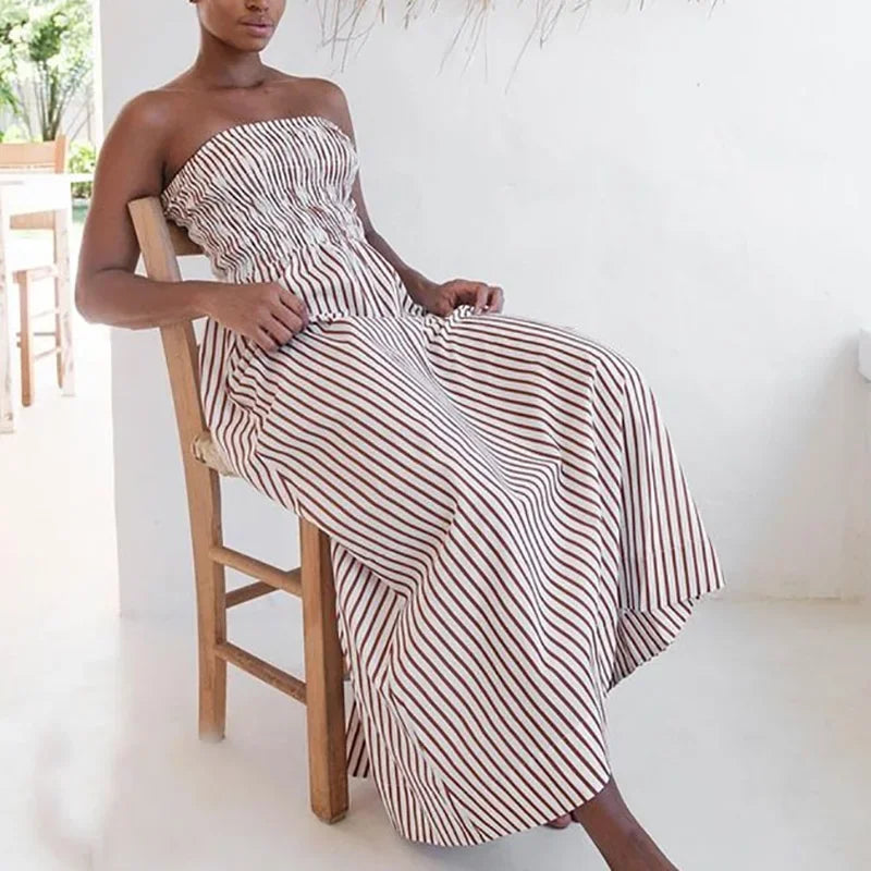 LIZAKOSHT  -  Sleeveless Party Dress, Women Summer Backless Patchwork Maxi Dress, Solid Strapless Elegant Ladies Dress Vestido