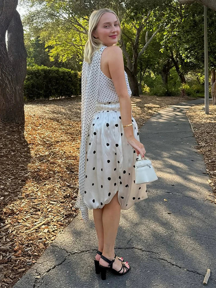 LIZAKOSHT  -  Dot Print Skirts Suits Women Halter Lace Up Sleeveless Irregular Sets Female 2025 Summer Fashion Chic Elastic Waist Street Set