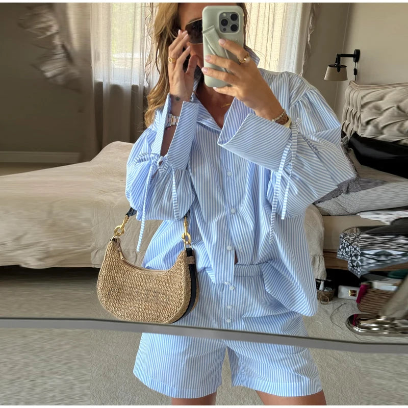 LIZAKOSHT  -  Casual Short Women Lapel Single-breasted Shirt Straight Wide-leg Shorts Fashion Loose Two Pieces Set Women Vacation Lady Outfit