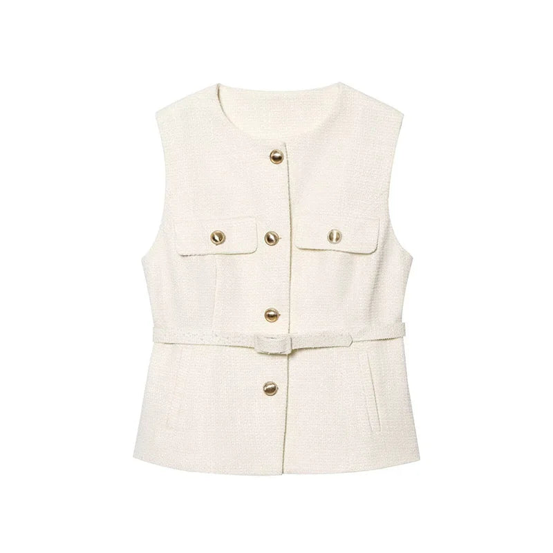LIZAKOSHT  -  Autumn Belt Sleeveless Vest Shirt Women O Neck Patchwork Gold Button Cardigan Tops 2025 Street Elegant Casual Tank Top