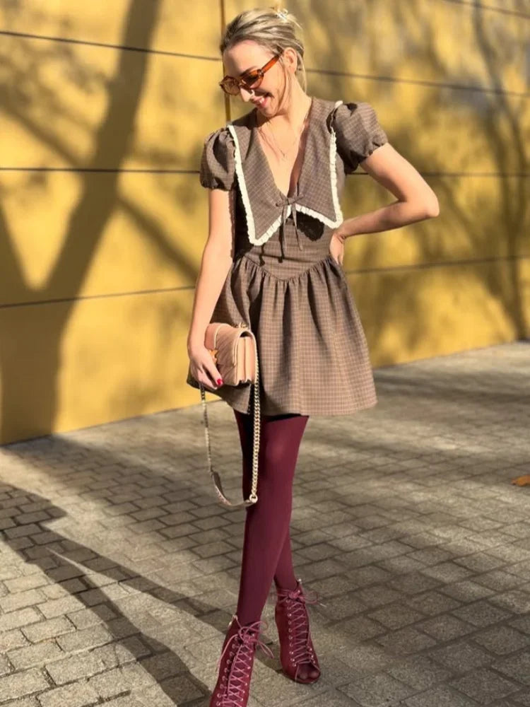 LIZAKOSHT  -  Plaid Waist Cinched Mini Dress Casual V-neck Short Sleeved Lace Up Slim Fit A-line Women Dresses Lady Daily Commute Vestido