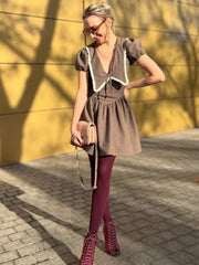 LIZAKOSHT  -  Plaid Waist Cinched Mini Dress Casual V-neck Short Sleeved Lace Up Slim Fit A-line Women Dresses Lady Daily Commute Vestido