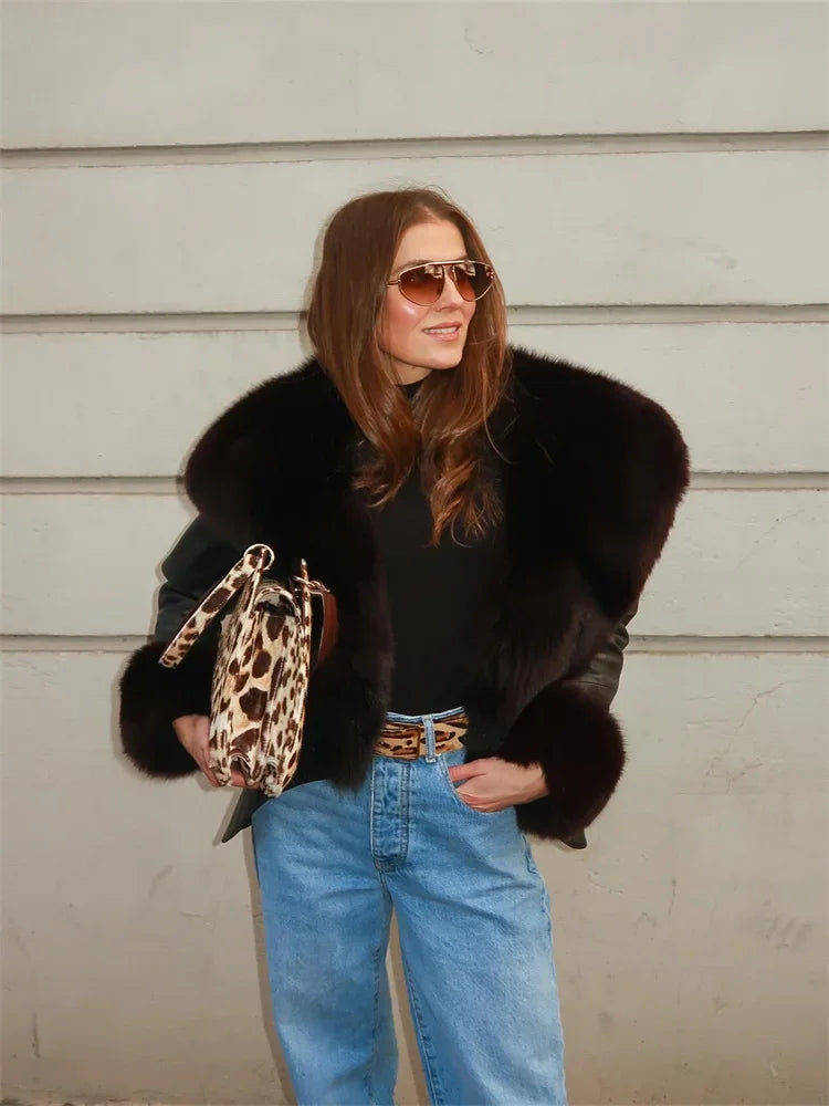 LIZAKOSHT  -  Women's Black PU Leather Jacket Large Faux Fur Collar Cuff Full Sleeve Lace Up Waist Cinching Coat 2025 Autumn Female Streetwear