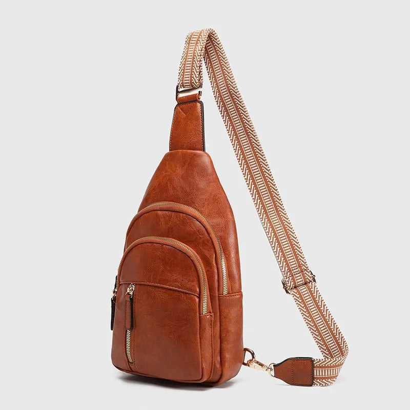 LIZAKOSHT  -  Vintage Brown Women Chest Bag Lightweight PU Leather Large Capacity Sling Bag Ladies Fashion Geometric Strap Purse