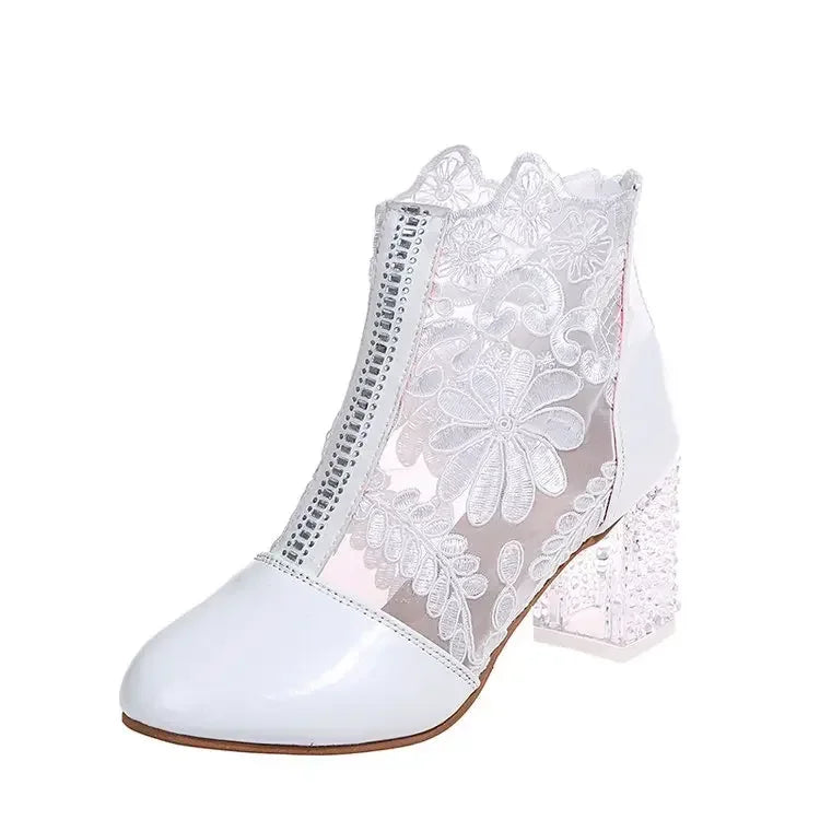 LIZAKOSHT  -  Ethnic Style Women Retro Lace High Heels Ankle Boots Autumn Embroider Pointed Toe Platform Short Boot Thick Heeled Pumps