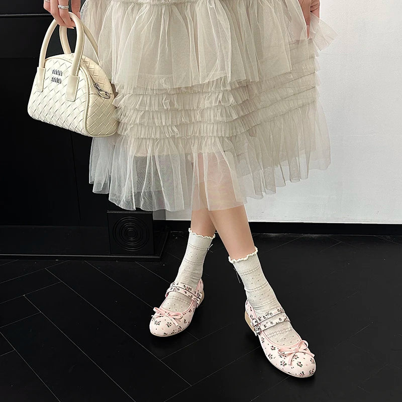 LIZAKOSHT  -  Lolita Style Sweet Low Heel Women Mary Jane Shoes Designer Buckle Strap Pumps Ladies Eelgant Floral Print Dress Leather Shoes