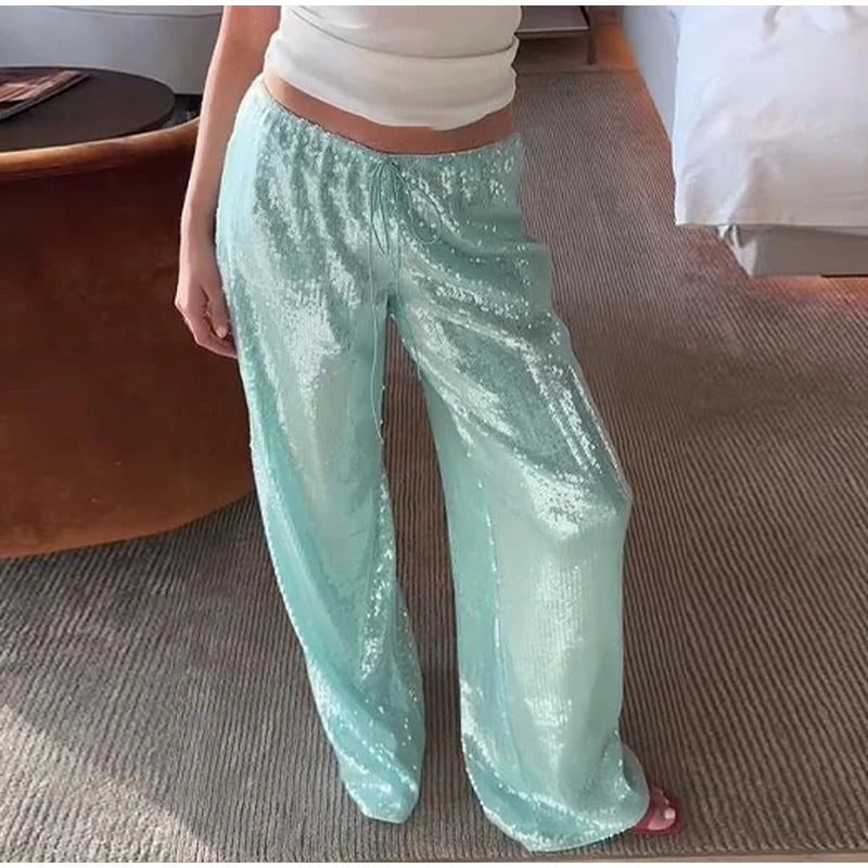 LIZAKOSHT  -  Chic Sequined Long Pants For Women High Waist  Lace Up Ankle-length Loose Trousers 2025 Spring Summer Fashion Female Y2k Pant