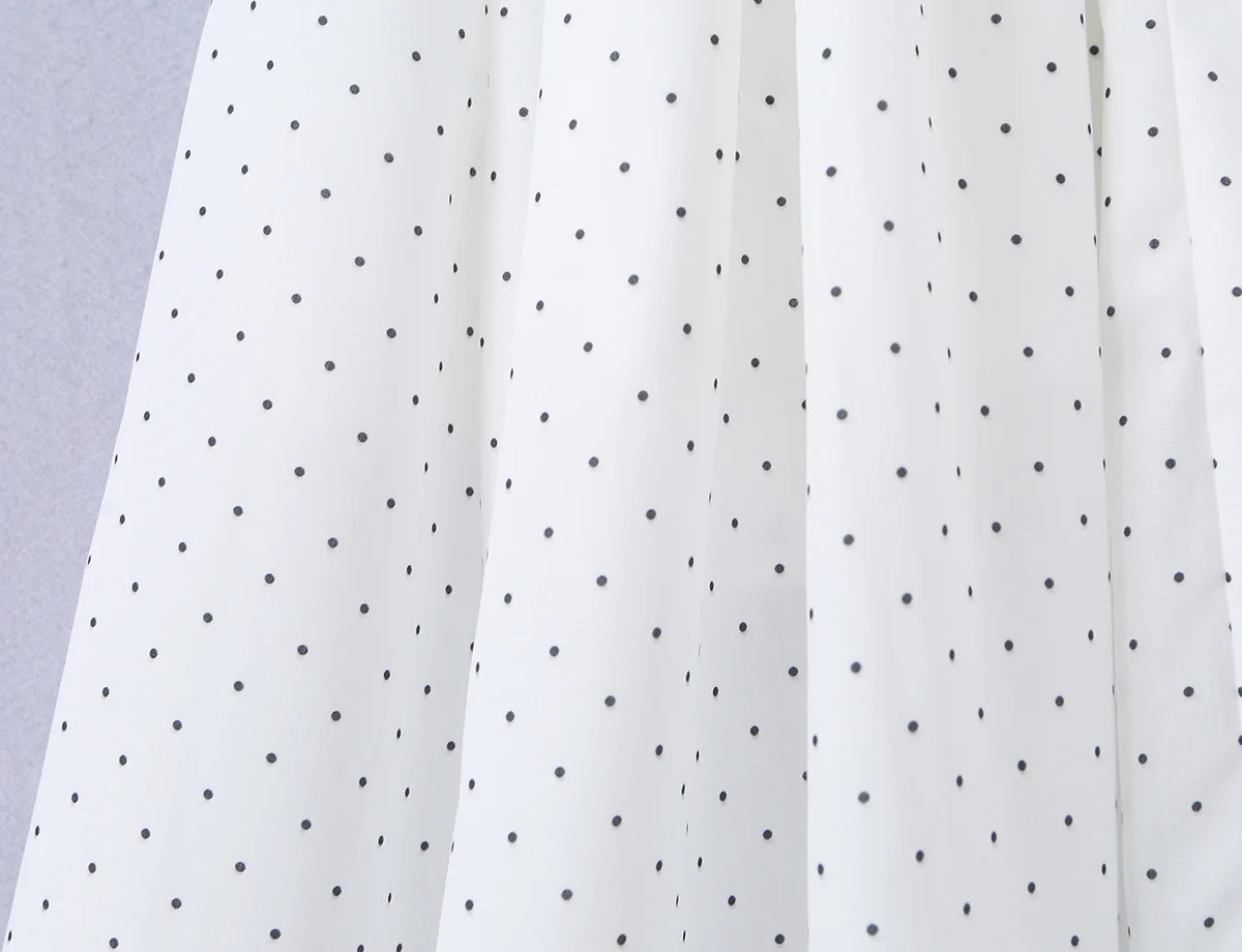 LIZAKOSHT  -  Dot Print Wood ears Ruched Chest Bow U collar Puff Sleeve Dress Elastic High Waist Pleated Swing Midi Dresses Holiday Robe