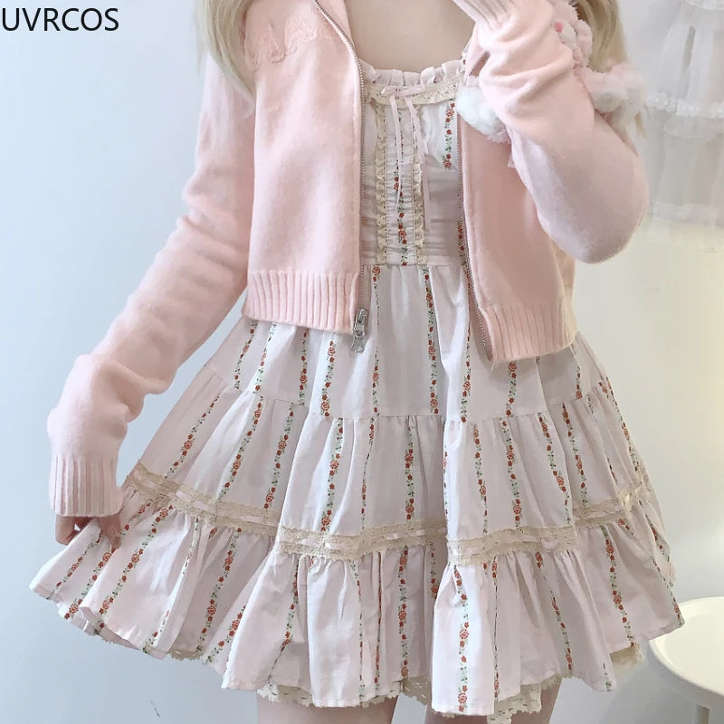 LIZAKOSHT  -  Japanese Kawaii Lolita Style Dress Women Sweet Flower Print Ruffles Square Neck Princess Dresses Female Cute Party Mini Dresses