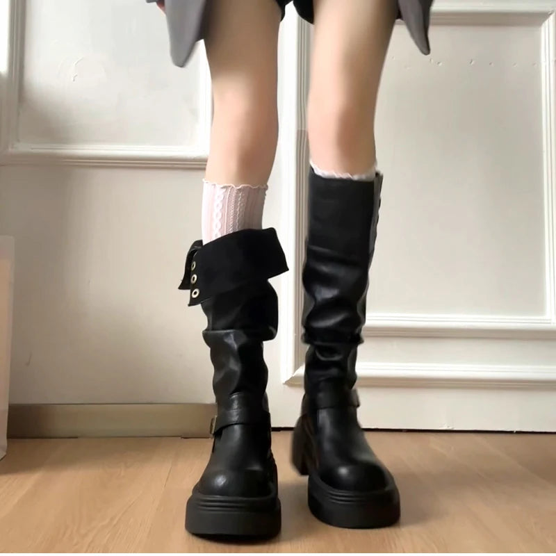 LIZAKOSHT  -  Autumn Winter Platform Thick Bottom Woman Knee High Boots Shoes Ladies Elegant Belt Buckle Knight Booties