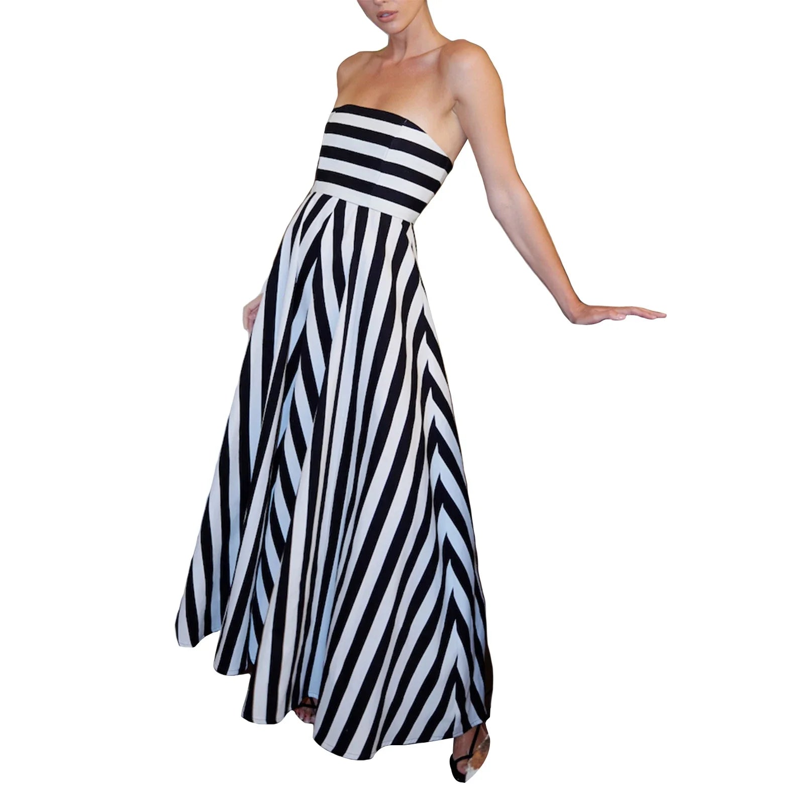 LIZAKOSHT  -  Women Y2k Graphic Maxi Tube Dress Off the Shoulder Striped Flowy Dress Bohemian Backless Beach Sundress