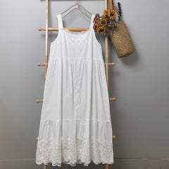 LIZAKOSHT  -  Embroidered Suspender Dress Loose Versatile Lace Hollow Out Cotton Bottomed Skirt