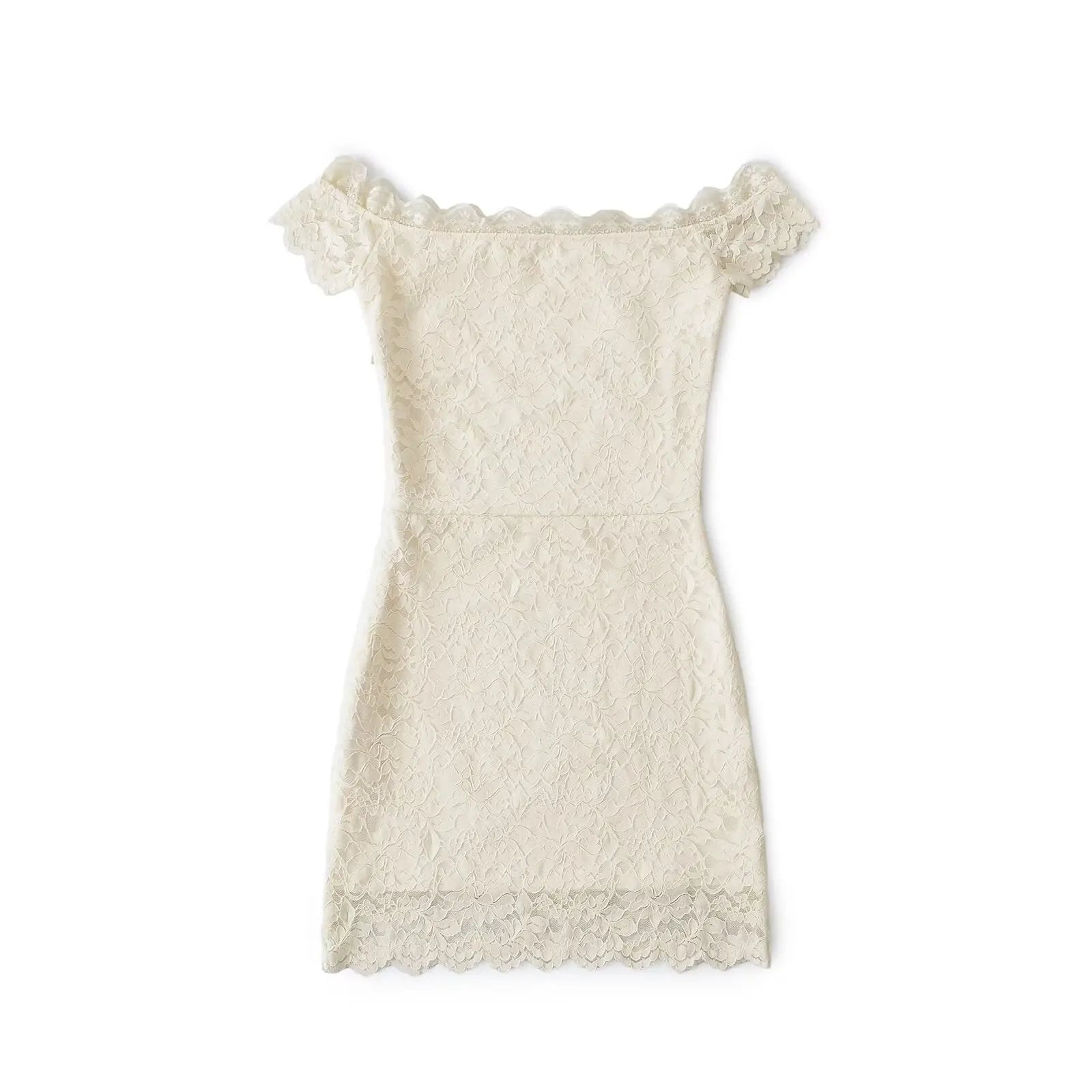 LIZAKOSHT  -  Pure Desire Style Sexy One-word Collar Slim-fit Lace Hollow Waist Hip Skirt Short Sleeve Dress Short Skirt Women's Clothing