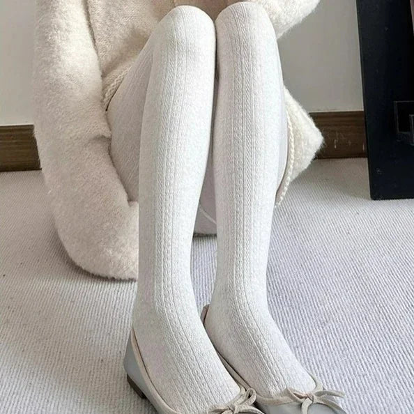 LIZAKOSHT  -  Japanese Winter Vertical Bar Warm Pantyhose Oat Color Skinny Full Foot Thickened Base Socks Candy Color Foundation Plush Tights