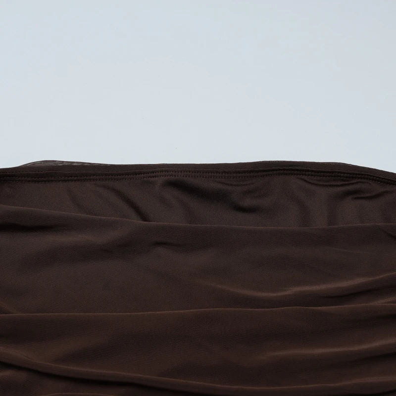 LIZAKOSHT  -  Solid Strapless Mesh Patchwork Hem Semi-sheer Fashion Vintage Brown Backless Sleeveless Bodycon Pleated Maxi Dress Clubwear