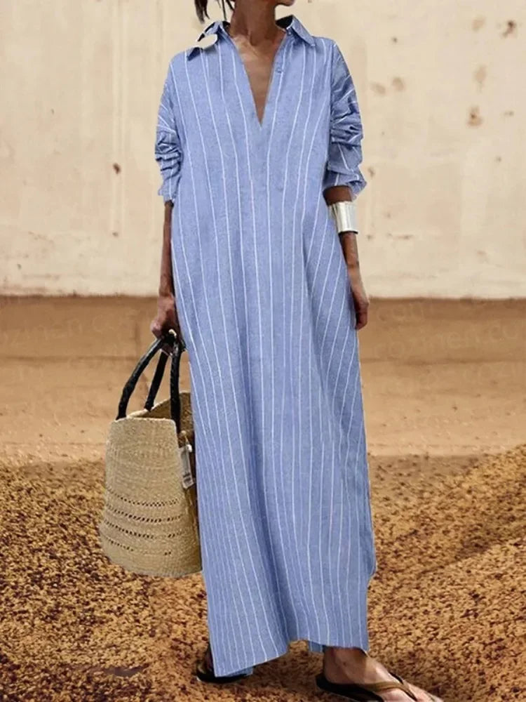 LIZAKOSHT  -  Long Stripe Shirt Dress Woman Blue Elegant Dress New Casual Pocket Lapel Button Loose Workplace Formal Dresses