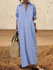LIZAKOSHT  -  Long Stripe Shirt Dress Woman Blue Elegant Dress New Casual Pocket Lapel Button Loose Workplace Formal Dresses