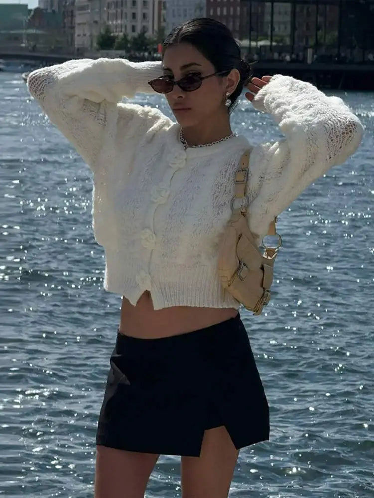LIZAKOSHT  -  Fashion 3d Flower Solid Knitted Cardigan Women's Elegant O-neck Short Loose Sweater Autumn Female Commute Chic Outerwears