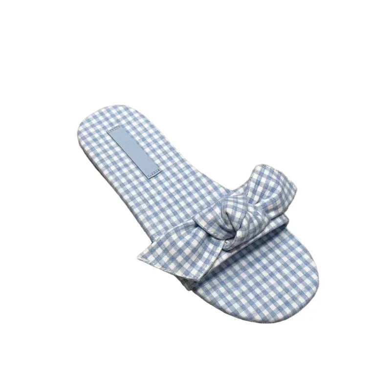 LIZAKOSHT  -  Silk Butterfly-Knot Slippers Women Flat Heel Gingham Sandals Cloth Fabric Slides Female Slip On Pantuflas House Flipflops