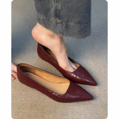 LIZAKOSHT  -  Flat Heel Pointed Toe Women's oes Spring Commute Work oes Korean Sle Leather Inner Layer Pig Skin Slip-On Daily Wear