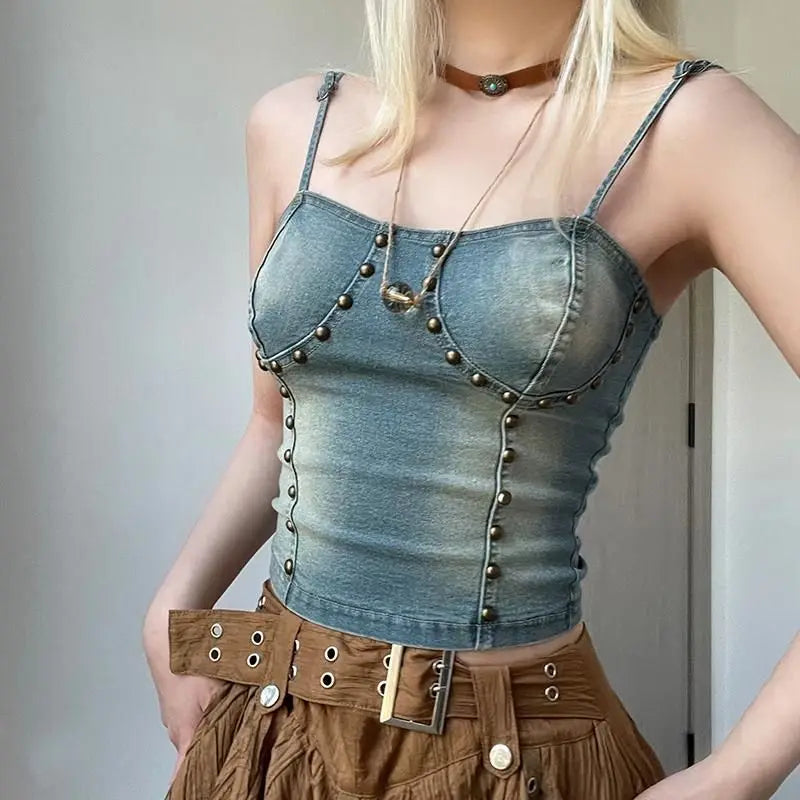 LIZAKOSHT  -  Suit Embroidered Flares Denim Halter Top+Elastic Waist A-Line Skirt With Belt Vintage Beach Resort Style Fashion 2 Piece Set