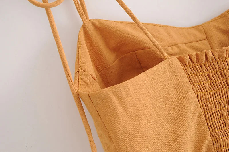 LIZAKOSHT  -  Sexy Solid Yellow Corset Style Bow Lacing up Strap Sling Dress Retro French Style Women Hem Slit Midi Long Dresses Holiday Robe
