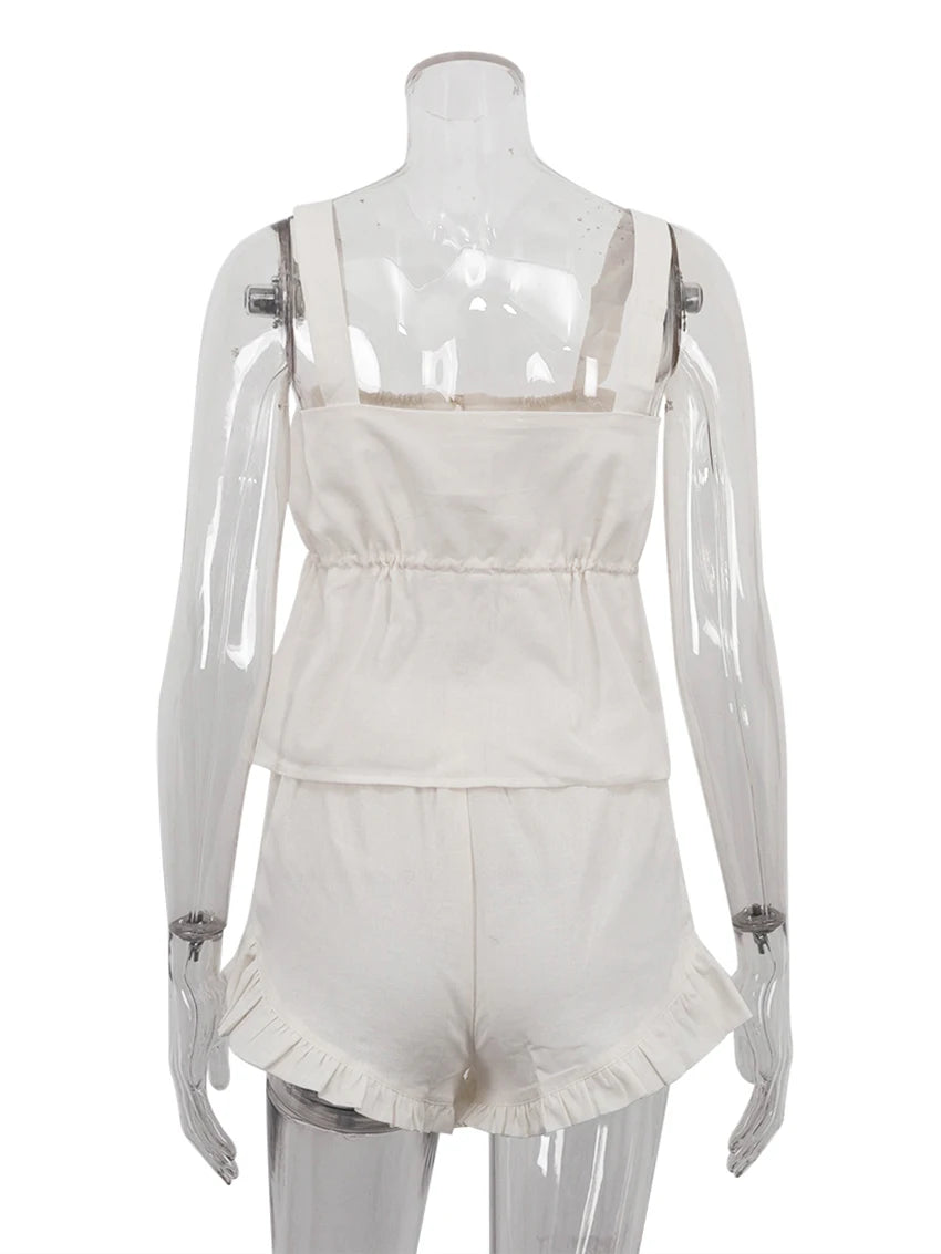 LIZAKOSHT  -  White Summer Ladies Sleepwear Suit Strap Pajamas Square Collar Nightie Lace Up Nightgowns Shorts Casual Nightwear Set