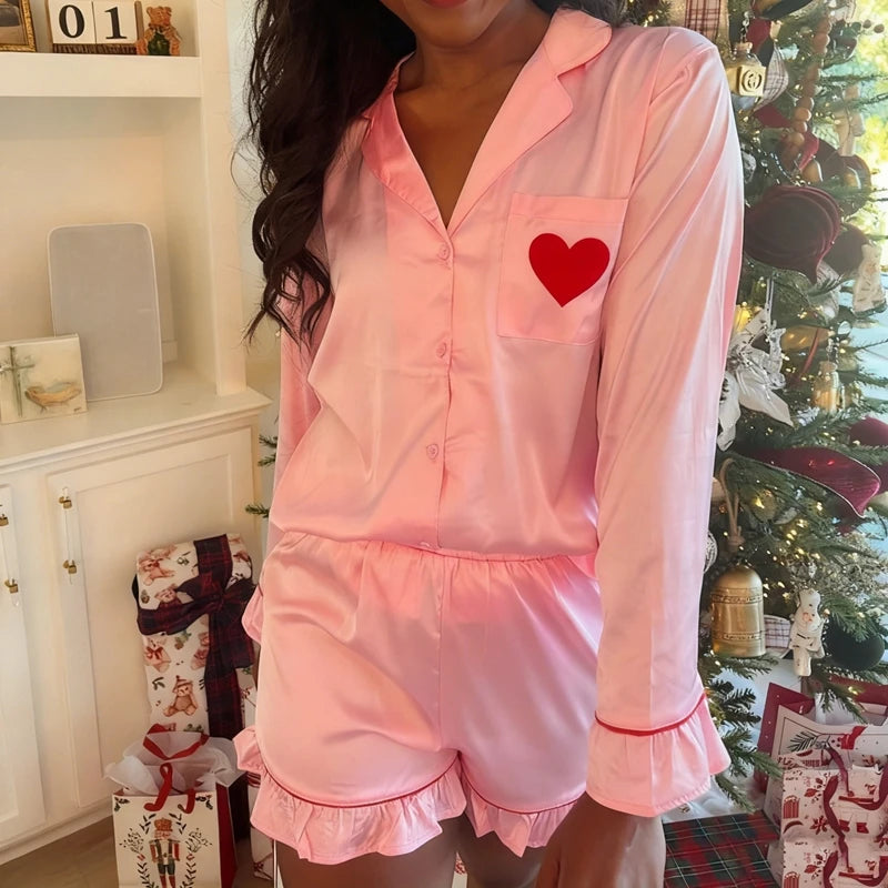 LIZAKOSHT  -  Womens Pajama Sets Cute Heart Print Long Sleeve Button Down Shirt With Long Pants 2 Piece Holiday Loungewear