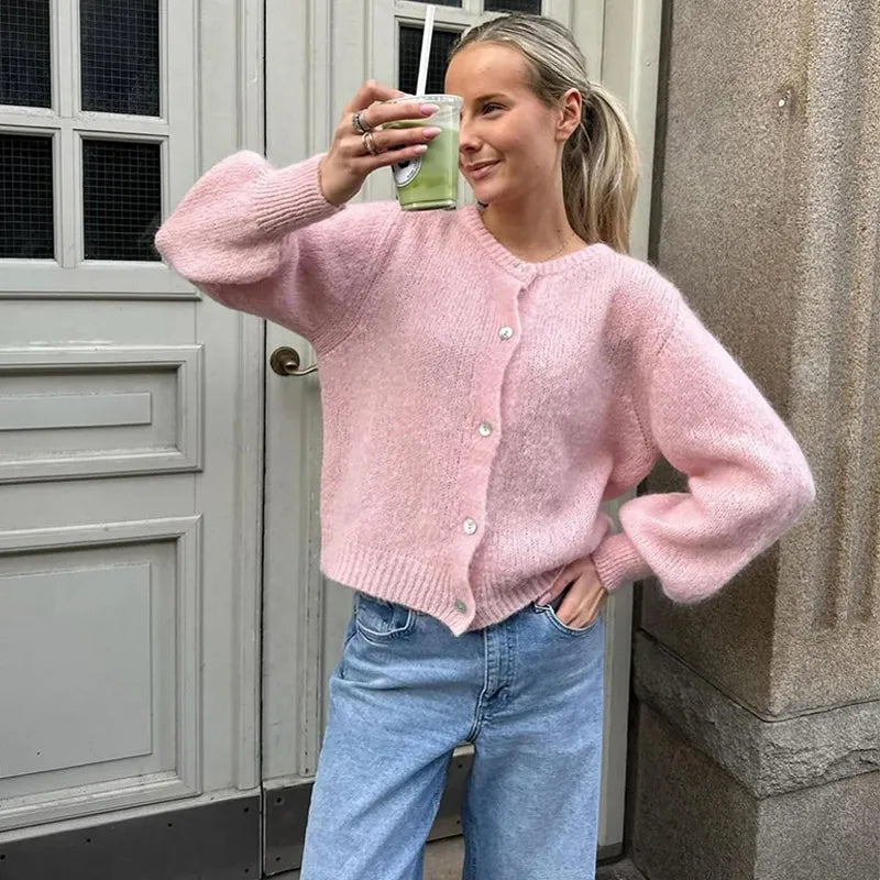 LIZAKOSHT  -  Round Neck Sweater Cardigan Minimalism Cute Soft Waxy Knitted Short Coat Jacket Women Casual Loose Slimming Single Breasted Top