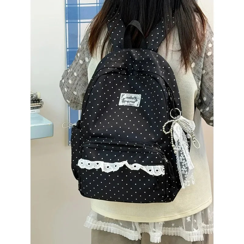 LIZAKOSHT  -  Fashion Polka Dot Travel Backpack Large Capacity Nylon Student Schoolbag Multi-pocket with Lace Laptop Daypack Daily Travel Bag