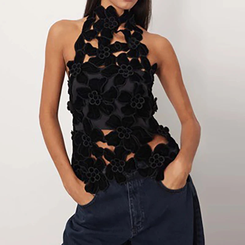 LIZAKOSHT  -  Fashionable and comfortable high street style top with hollow out design top sexy three-dimensional flower see through top