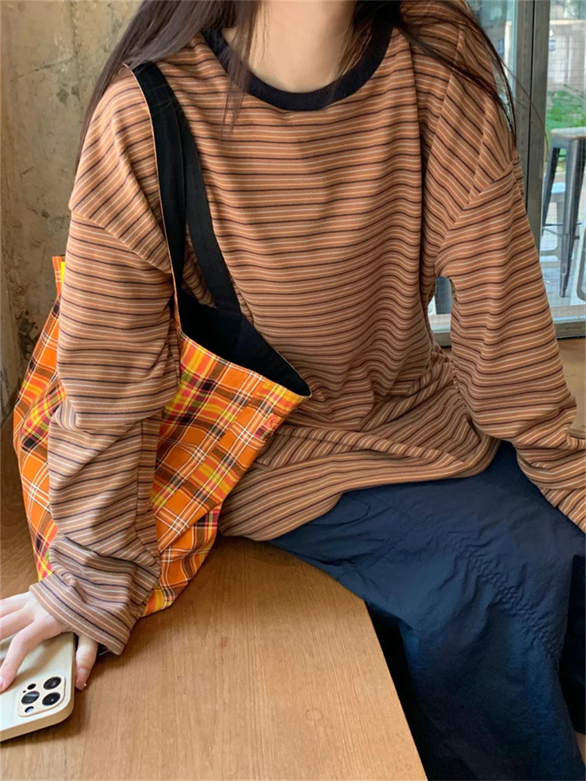 LIZAKOSHT  -  Loose Women T-Shirts Stripes All Match Full Sleeve Sweatshirt Chic Thicken Autumn Woolen Casual Vintage Outwear Tees