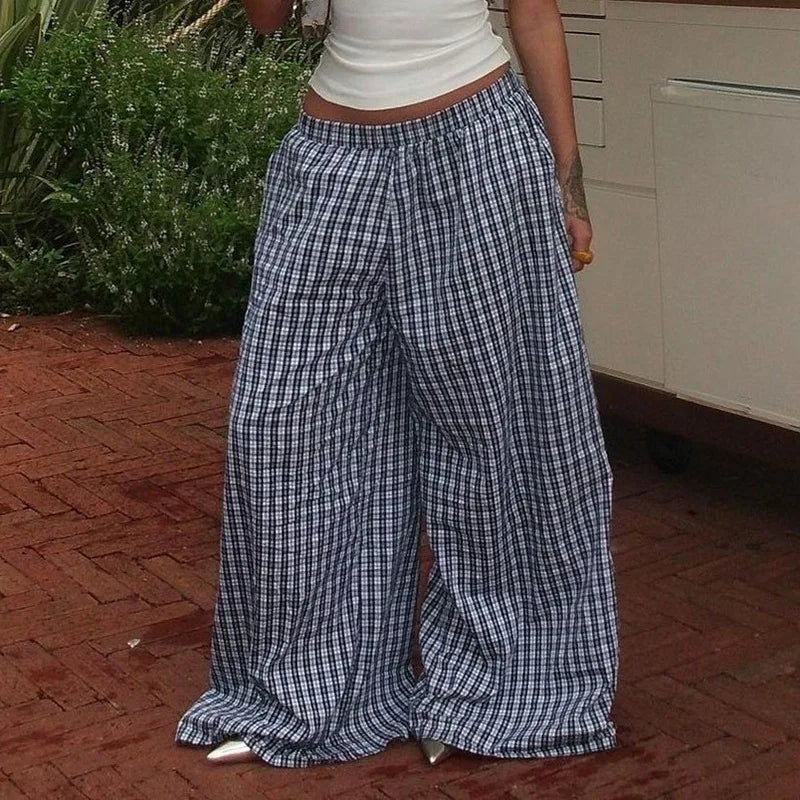 LIZAKOSHT  -  Spring New Product Simple and Personalized Waist Collection Color blocked Grid Design Wide Legs Comfortable Pants