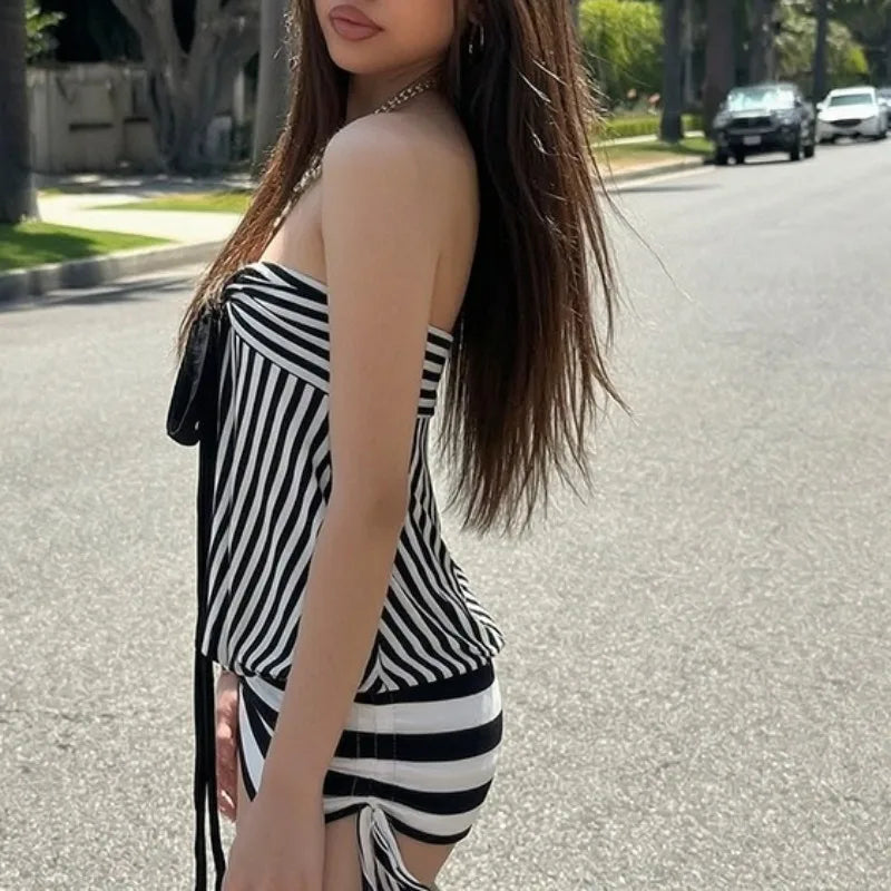 LIZAKOSHT  -  New Euramerican Fashion High Street Strapless Summer Dress Y2k Constrast Colorstriped Casual Streetwear Drawstring Bodycon Dress